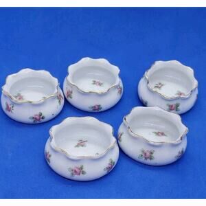 5 Antique Salt Cellar Server Tiny Bowl White Porcelain Pink Roses Austria Vtg